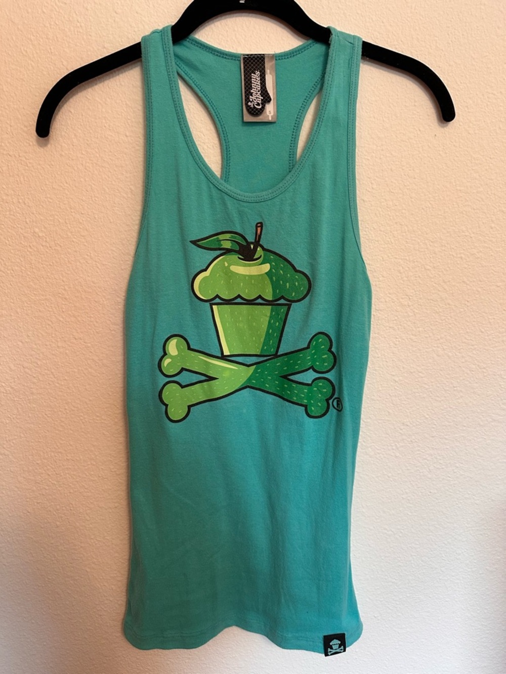 Johnny Cupcakes Teal Racerback Tank with Green Apple Cupcake Graphic
